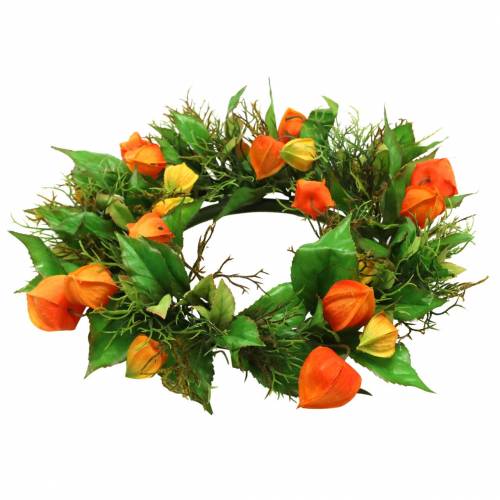 Sztuczny wianek z miechunki, pomarańczowo-zielony, Ø28 cm, jesienna dekoracja | Floristik24.pl