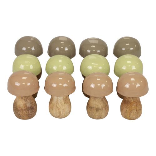 Floristik24 Grzyby drewniane grzybki dekoracyjne drewniane beżowe, zielone Ø5cm 7,5cm 12szt