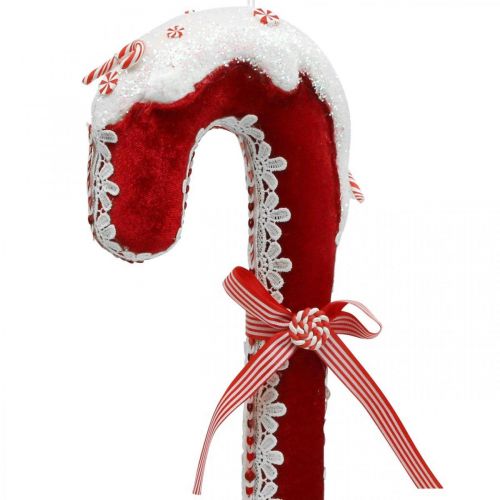 Produkt Dekoracja w postaci cukierkowej laski duża świąteczna czerwono-biała z koronką wys. 36cm