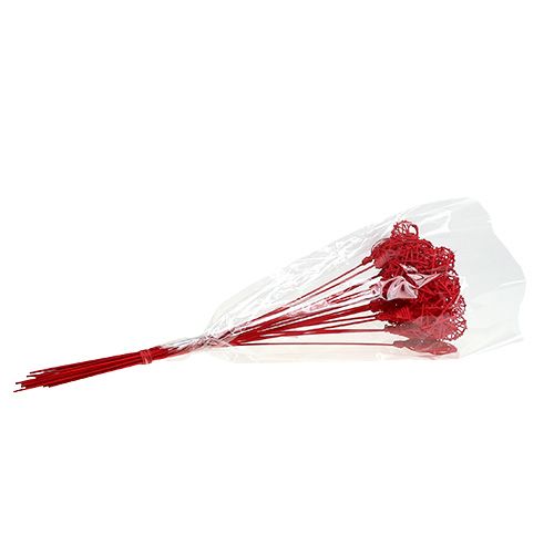 Floristik24 Rattanowe serce na patyku czerwone 7cm L45cm 18 szt