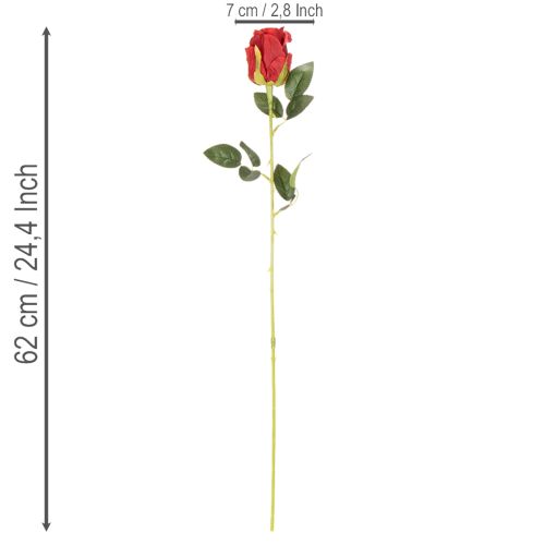 Sztuczna róża na długiej łodydze, czerwony sztuczny kwiat, 62cm, 12 sztuk | Floristik24.pl