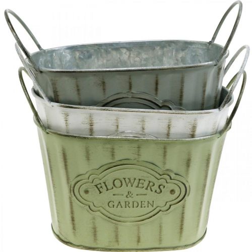 Floristik24 Doniczka wykonana z metalowej miski na rośliny z uchwytami zielony, biały, szary L24cm W14,5cm 3szt
