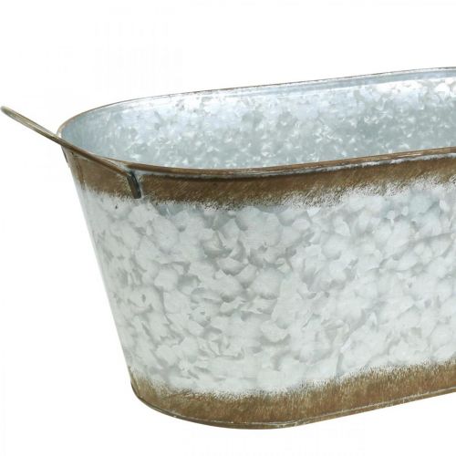 Floristik24 Pojemnik metalowy do sadzenia, doniczka z uchwytami, miska na kwiaty srebrna, patyna dł.45cm wys.17,5cm