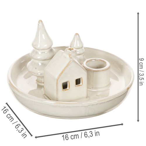Dekoracyjny ceramiczny świecznik z domkiem i drzewami, 16 cm | Floristik24.pl