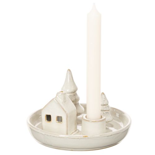 Dekoracyjny ceramiczny świecznik z domkiem i drzewami, 16 cm | Floristik24.pl