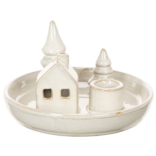 Dekoracyjny ceramiczny świecznik z domkiem i drzewami, 16 cm | Floristik24.pl