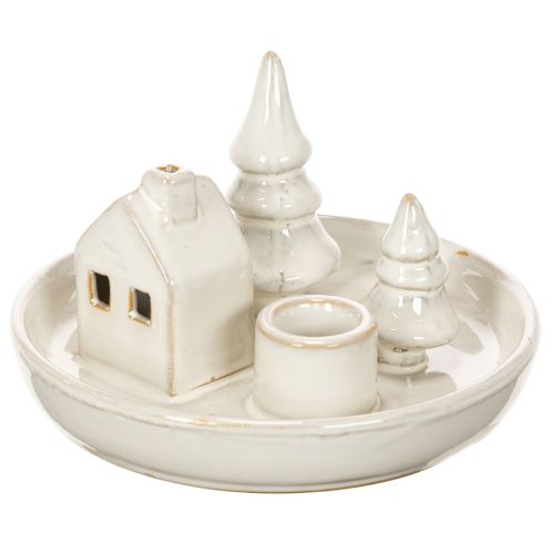 Dekoracyjny ceramiczny świecznik z domkiem i drzewami, 16 cm | Floristik24.pl