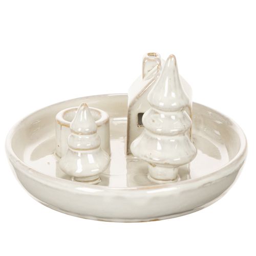 Dekoracyjny ceramiczny świecznik z domkiem i drzewami, 16 cm | Floristik24.pl