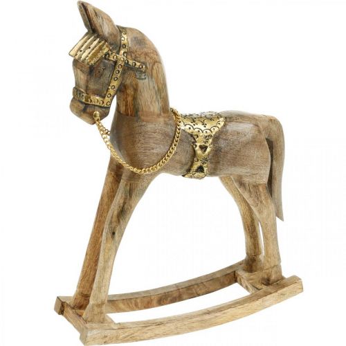 Deco Rocking Horse Wood Solid Christmas Naturalny, Złoty 28×39×9,5cm