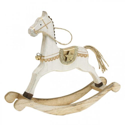 Drewniany koń na biegunach, dekoracja świąteczna Biały Złoty W18cm