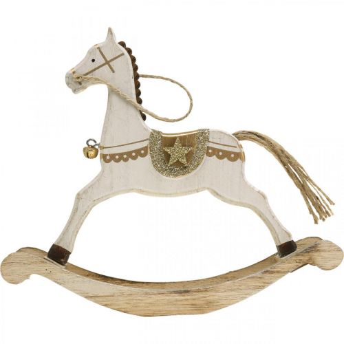 Floristik24 Drewniany koń na biegunach, dekoracja świąteczna Biały Złoty W18cm