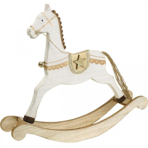 Drewniany koń na biegunach, ozdoba świąteczna Biały Złoty W32,5cm