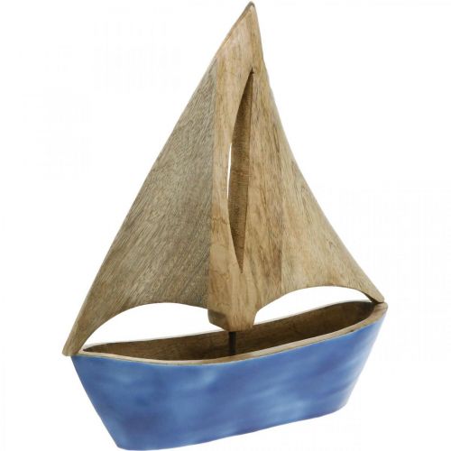 Deco żaglówka drewno mango, drewniany statek niebieski H27,5cm