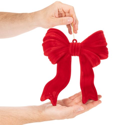 Dekoracyjna czerwona kokarda do zawieszenia, flokowana ozdoba świąteczna, 22 cm | Floristik24.pl