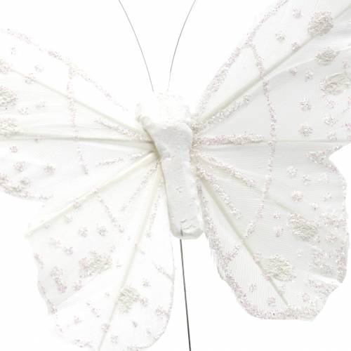 Floristik24 Motyl z piór na druciku biały z brokatem 10cm 12szt.