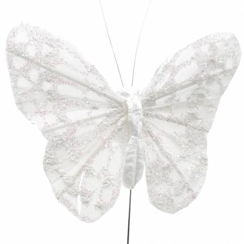 Floristik24 Motyl z piórkiem z drutem biały, brokat 5cm 24 szt