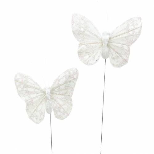 Floristik24 Motyl z piórkiem z drutem biały, brokat 5cm 24 szt