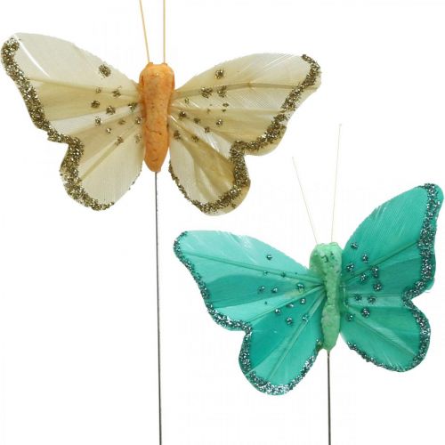 Floristik24 Motyl z brokatem, ozdobna zatyczka, motyl z piórkiem wiosenny żółty, turkusowy, zielony 4×6,5cm 24 szt.