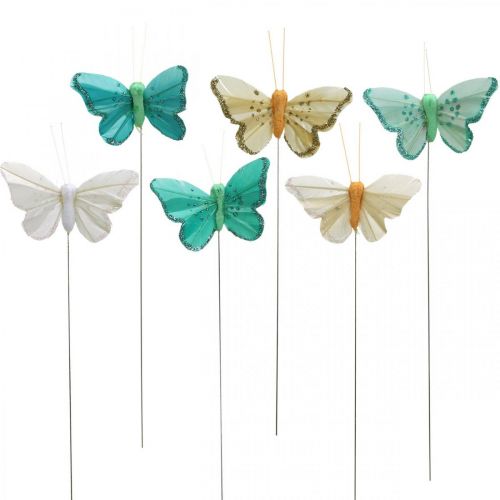 Floristik24 Motyl z brokatem, ozdobna zatyczka, motyl z piórkiem wiosenny żółty, turkusowy, zielony 4×6,5cm 24 szt.