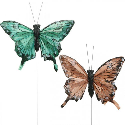 Produkt Motyle ozdobne, dekoracja wiosenna, motyle z piór, korki do roślin zielony, brązowy 9,5×12,5cm 12szt