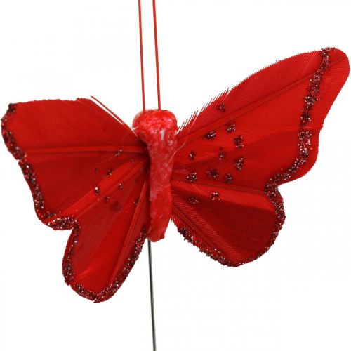 Produkt Wiosenne, piórkowe motyle z miką, deco motyl czerwony, pomarańczowy, różowy, fioletowy 4×6,5cm 24szt