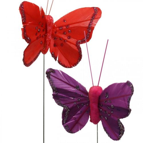 Floristik24 Wiosenne, piórkowe motyle z miką, motyl ozdobny czerwony, pomarańczowy, różowy, fioletowy 4×6,5cm 24 szt.