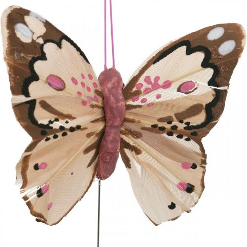 Floristik24 Motyle piórkowe, motyle ozdobne na patyku, wtyki kwiatowe różowe, pomarańczowe, fioletowe, brązowe, niebieskie, beżowe 6×8cm 12szt