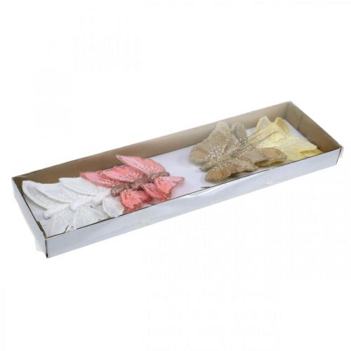 Floristik24 Motyle z miką, dekoracja ślubna, zatyczka ozdobna, motyl z piór żółty, beżowy, różowy, biały 9,5×12,5cm 12 szt.