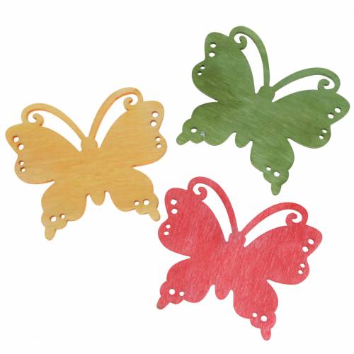 Dekoracja rozproszona motyl drewno pomarańczowy, żółty, zielony 4cm 72szt.