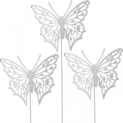 Floristik24 Wtyczka kwiatowa motyl, metalowa dekoracja ogrodowa, wtyczka do roślin shabby chic biała, srebrna L51cm 3szt