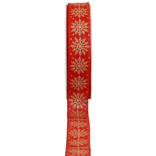 Świąteczna wstążka prezentowa płatki śniegu czerwona 25mm 20m