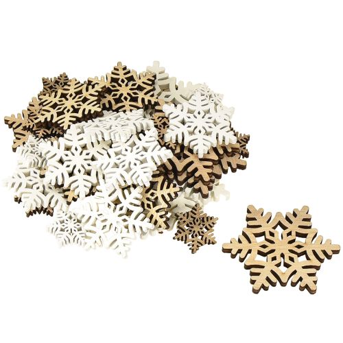 Produkt Drewniana dekoracja w kształcie płatków śniegu, biała, naturalna, 3/5/7 cm, różne kolory, 36 szt.