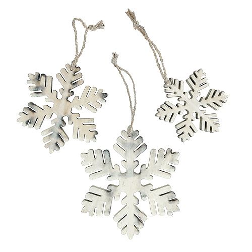 Floristik24 Drewniane płatki śniegu w kolorze biało-szarym. 7-12cm 6szt