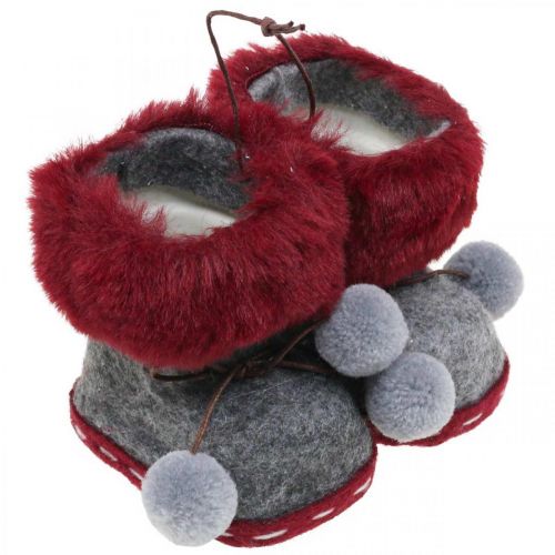 Floristik24 Buty do dekoracji choinki z pomponem 8cm szaro/czerwone 3szt