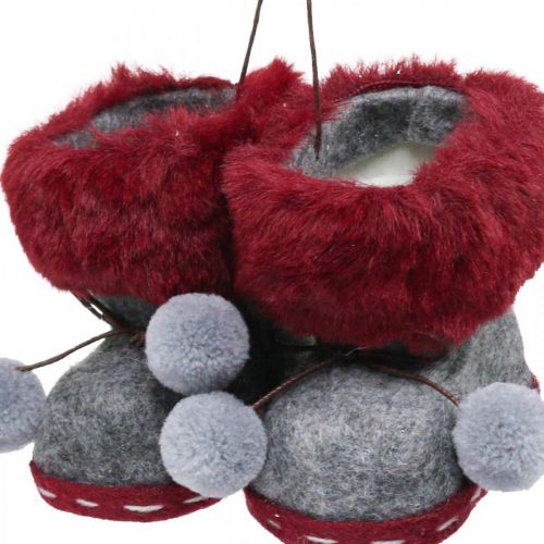 Floristik24 Buty do dekoracji choinki z pomponem 8cm szaro/czerwone 3szt