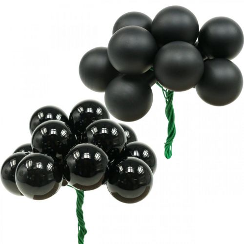 Mini bombki świąteczne na drucie czarne szkło Ø25mm 140 szt