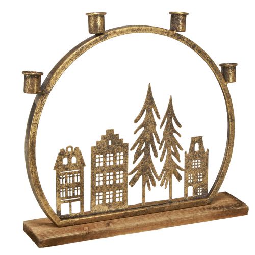 Produkt Świecznik sztyftowy Świąteczny rząd domów w kolorze antycznego złota 36×32cm