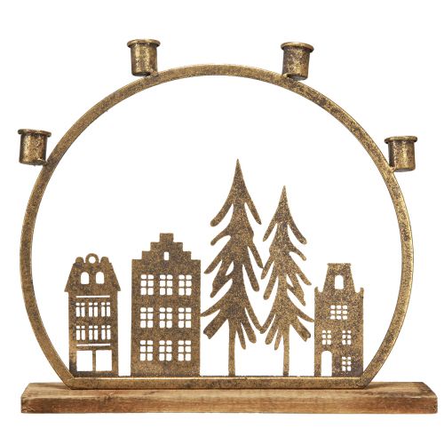 Produkt Świecznik sztyftowy Świąteczny rząd domów w kolorze antycznego złota 36×32cm