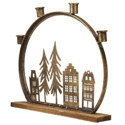 Produkt Świecznik sztyftowy Świąteczny rząd domów w kolorze antycznego złota 36×32cm