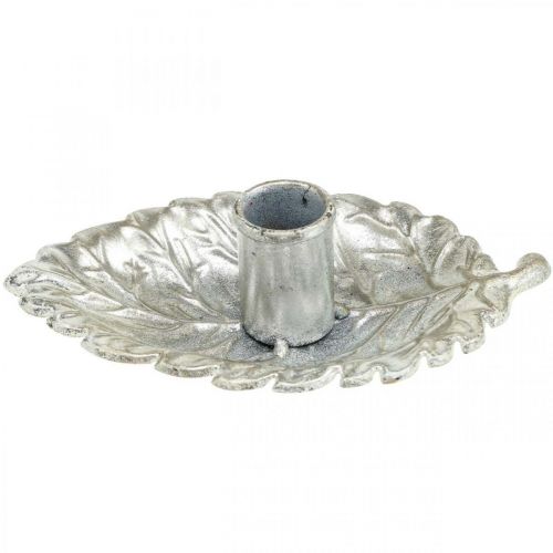 Floristik24 Świecznik talerz srebrny liść 16,5x10,5x5cm