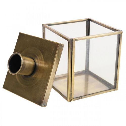 Floristik24 Świecznik metalowy ze szkła artystycznego vintage kostka mosiężna 7,5cm