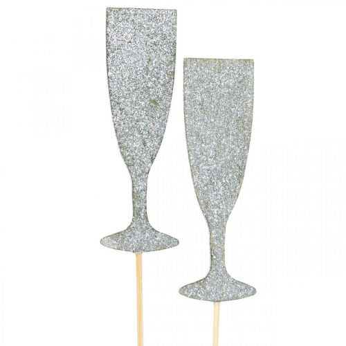 Dekoracja sylwestrowa kieliszek do szampana srebrna wtyczka kwiatowa 9 cm 18 sztuk