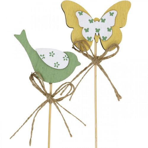 Produkt Wtyczka ptak motyl, dekoracja drewna, dekoracja wiosenna wtyczki roślinna zielona, żółta L24/25cm 12szt