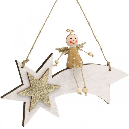 Produkt Anioł na spadającej gwieździe, dekoracja świąteczna do powieszenia, adwentowa biała, złota H13cm W21,5cm 2szt.
