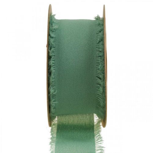 Wstążka dekoracyjna z tkaniny z frędzlami szałwia zielona 40mm 15m
