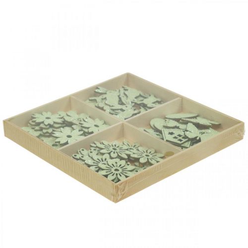 Produkt Ozdoba kropkowa, elementy drewniane, wiosenne, wielkanocne, zielone 2–4 cm 64 szt