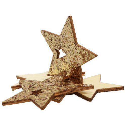 Produkt Dekoracja rozproszona Świąteczne gwiazdki drewniane natura złoty brokat 5cm 72szt