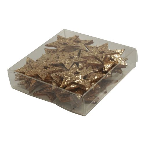 Produkt Dekoracja rozproszona Gwiazdki świąteczne z drewna naturalny złoty brokat 5cm 72 szt