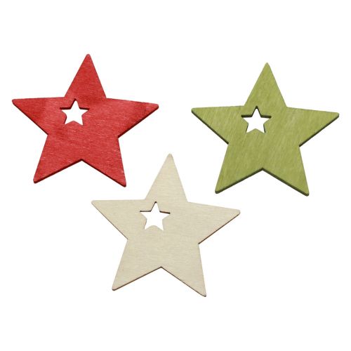 Produkt Dekoracja rozproszona Świąteczne gwiazdki drewniane czerwone naturalne zielone 5cm 72 szt