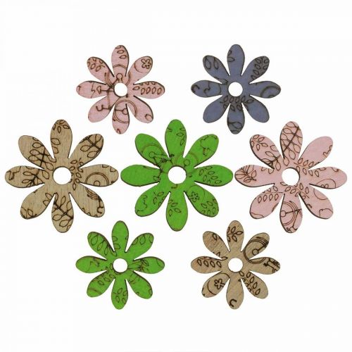 Produkt Drewniane kwiaty dekoracja rozproszona kwiaty zielone/różowe/niebieskie/naturowe Ø3,5–5cm 72szt